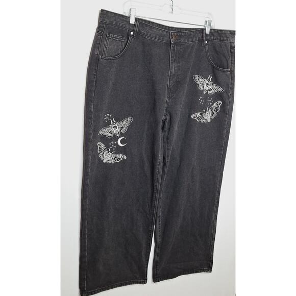Disturbia Thysania Wide Leg Jeans 38 US 16 Embroidered Death Head Moth Goth Alt - Picture 5 of 9